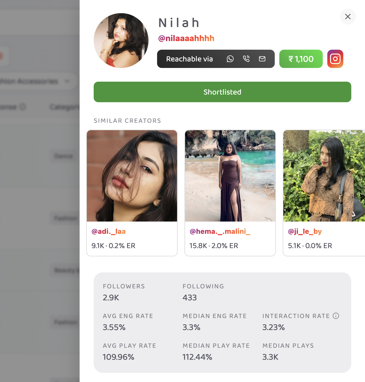 Creator profile detail with similar creators